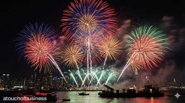 Vibrant professional fireworks display lighting up the night sky for a fireworks business event.