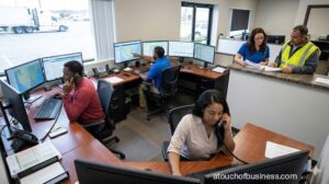 Freight brokerage office team managing logistics and shipping routes on monitors with trucks visible in the background.