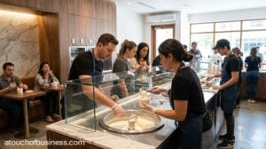 Staff serving hand-scooped frozen yogurt to customers in a modern, busy shop interior with a clean aesthetic.