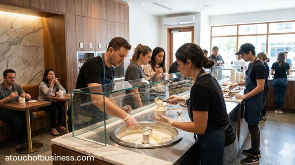 Staff serving hand-scooped frozen yogurt to customers in a modern, busy shop interior with a clean aesthetic.