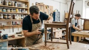 Skilled craftsman sanding a vintage wooden chair in a professional furniture restoration workshop.