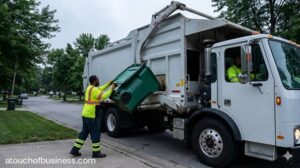 Sanitation worker loading a green bin into a white garbage truck during a residential waste pickup service.