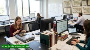 Professional genealogy experts working in a modern office with family tree software, scanners, and vintage photos.