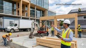 General contractor supervising a construction site with workers, heavy machinery, and sustainable building.
