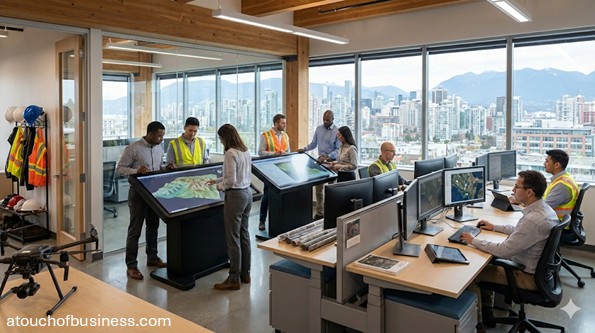 Geology consulting team using 3D mapping technology and drones in a bright, professional office workspace.
