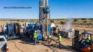 Commercial geothermal drilling operation featuring a modern rig, crew in safety vests, and drilling equipment.