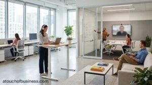 Professional team working in a modern ghostwriting service office with collaborative workspaces and laptops.