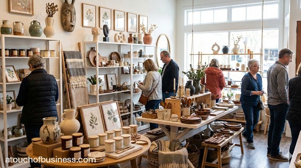 Interior of a modern gift shop showcasing home decor items like vases and candles with customers browsing unique finds.