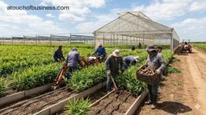 Farmers harvesting ginger roots on a modern commercial farm with irrigation systems and specialized machinery.