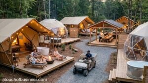 Luxury glamping business operation featuring modern tents, geodesic domes, and guests relaxing in nature.