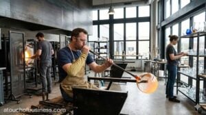 Artisans crafting glassware in a modern industrial glass blowing studio with kilns and specialized tools.