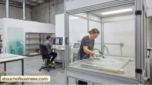 Modern glass etching business workshop with professionals sandblasting glass and creating digital engraving designs.