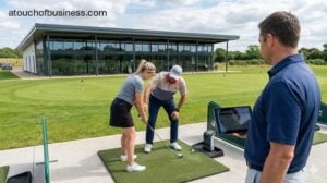 Professional golf coach providing swing analysis to a student at a high-tech modern golf academy facility.