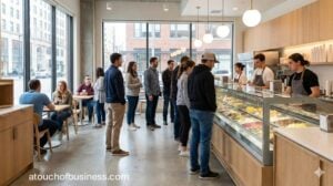 Modern gelato shop interior with customers and staff serving artisanal ice cream from a display.