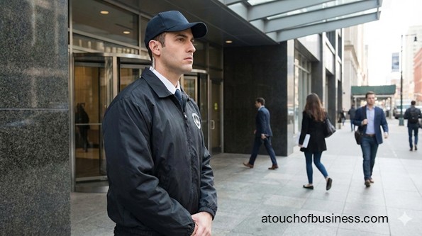 A chauffeur in a suit opening the door of a luxury black sedan for a passenger on a city street.