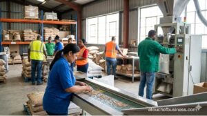 Workers at a seed processing facility sorting and packaging seeds on a production line in a large warehouse.