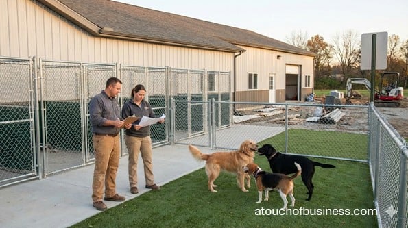 Owners looking at building plans for a new dog kennel business while dogs play in the outdoor runs.