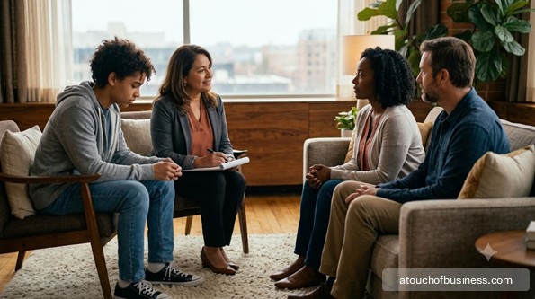 A therapist engages young diverse family and child with therapeutic blocks in sunlit room.