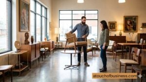 Antique shop owner showing a mid-century chair to a customer in a stylish, contemporary store.