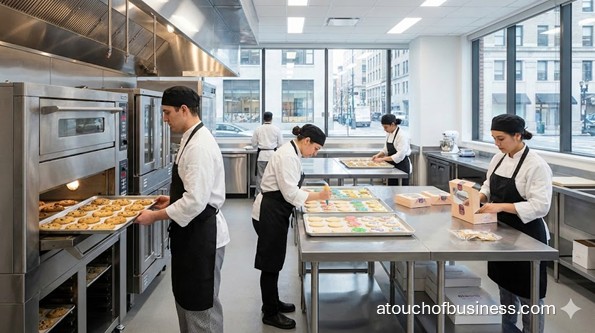 Bustling commercial cookie bakery kitchen with bakers and staff in operation, baking and decorating.