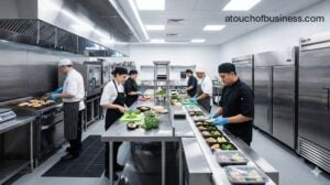 A Keto meal prep kitchen with chefs assembling healthy, low-carb meals in containers.