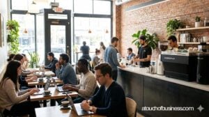 Busy café with customers working on laptops and baristas making coffee.