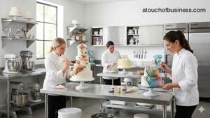 Professional cake decorators working in a modern commercial bakery kitchen on various custom cakes.