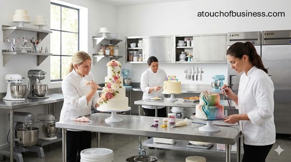 Professional cake decorators working in a modern commercial bakery kitchen on various custom cakes.