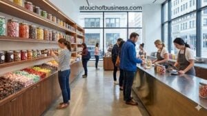 Customers browsing and purchasing sweets in a modern candy store with large windows and wooden shelving.