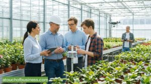 Horticulture consultants and clients use technology like tablets and drones in a modern greenhouse. People examining plants and data.