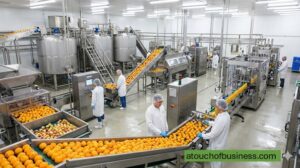 Fruit juice factory with workers operating automated machinery and conveyor belts for processing fresh oranges.