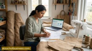 Female entrepreneur in a home workshop sketching bag designs at a desk with a sewing machine and jute fabric rolls, starting her business.