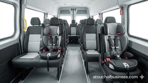 Interior view of a child transport van showing multiple rows of seats fitted with child safety booster seats. Short Image Name: