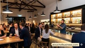 Modern bar in full operation with customers and a bartender shaking a cocktail.