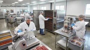 Beef jerky production facility with workers processing meat using industrial equipment and dehydrators.