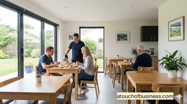 Guests enjoying breakfast in a modern bed and breakfast dining room with a host serving coffee.