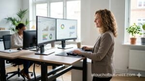 A woman works at a standing desk with dual monitors in a bright, modern bookkeeping office.