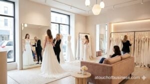 Modern bridal boutique with brides trying on gowns, consultants assisting, and a guest waiting on a pink sofa.