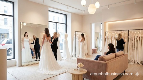 Modern bridal boutique with brides trying on gowns, consultants assisting, and a guest waiting on a pink sofa.