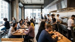 Customers dining in a modern industrial burger shop with an open kitchen and staff preparing fresh meals.