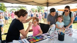 Professional face painter painting a tiger design on a child's face at an outdoor festival, with a family waiting.