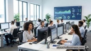 A busy call center with multiple diverse operators using headsets and dual monitors