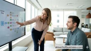 Career coach and client in a modern office reviewing a digital career path map on a large screen.