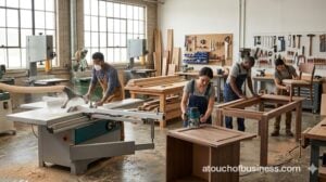 Dynamic photo of professional carpenters working in a modern woodshop with advanced machinery.