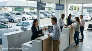 A busy car rental agency interior with diverse agents and customers exchanging vehicle keys at a digital counter.