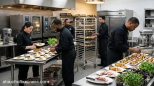 Staff members working in a busy commercial catering kitchen preparing plated hors d'oeuvres and appetizers.
