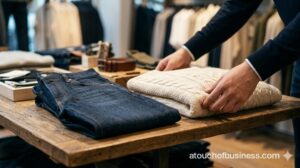 Close-up of visual merchandising hands arranging jeans and sweater display.