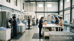 Commercial laundry facility with professional staff operating industrial washing machines and folding stations