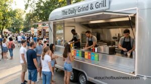 A concession trailer operating at a bustling community event.