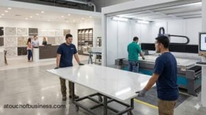 Workers fabricating a stone slab in a modern countertop business facility with a kitchen showroom in the background.